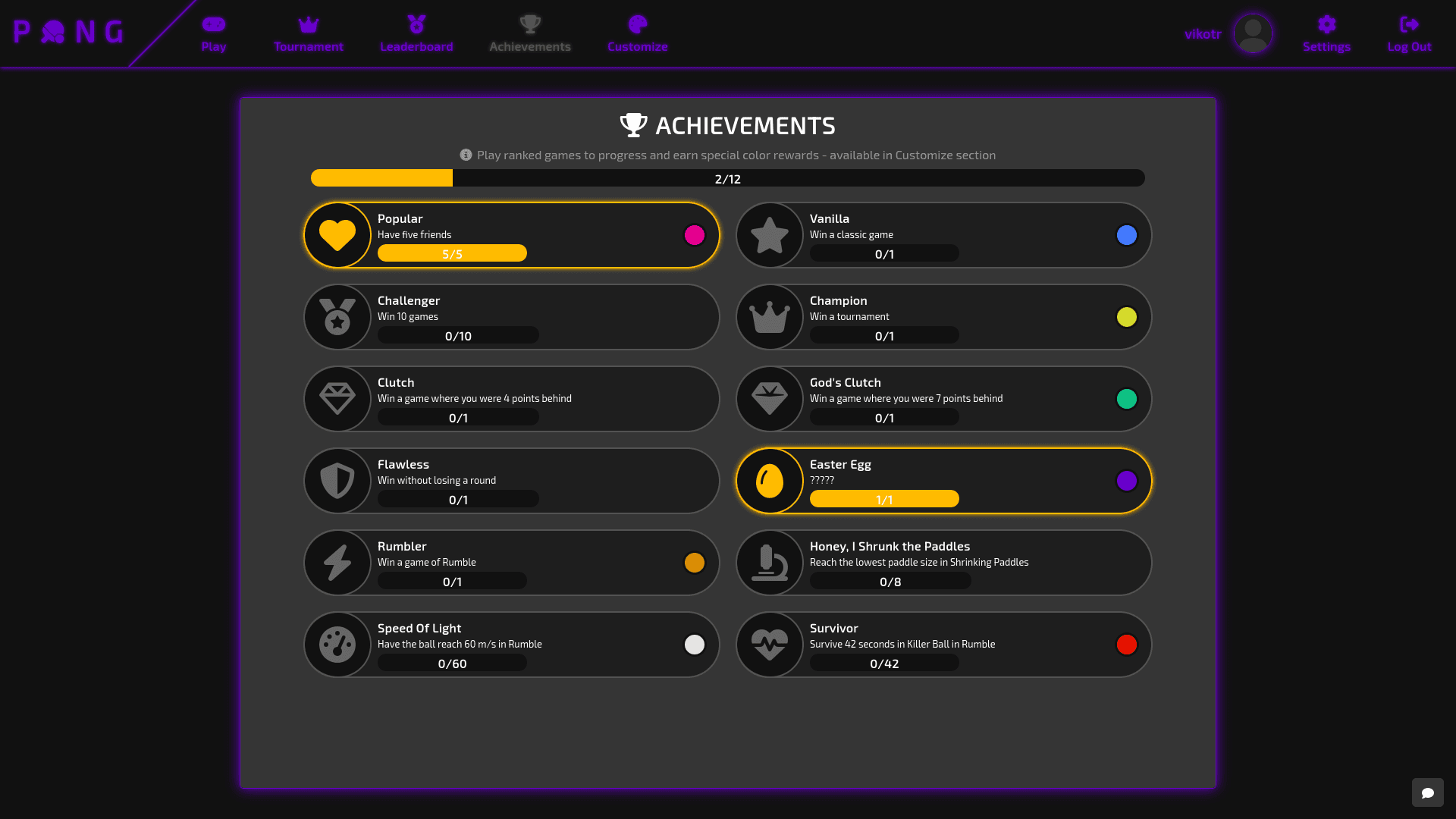 The achievements page of the website