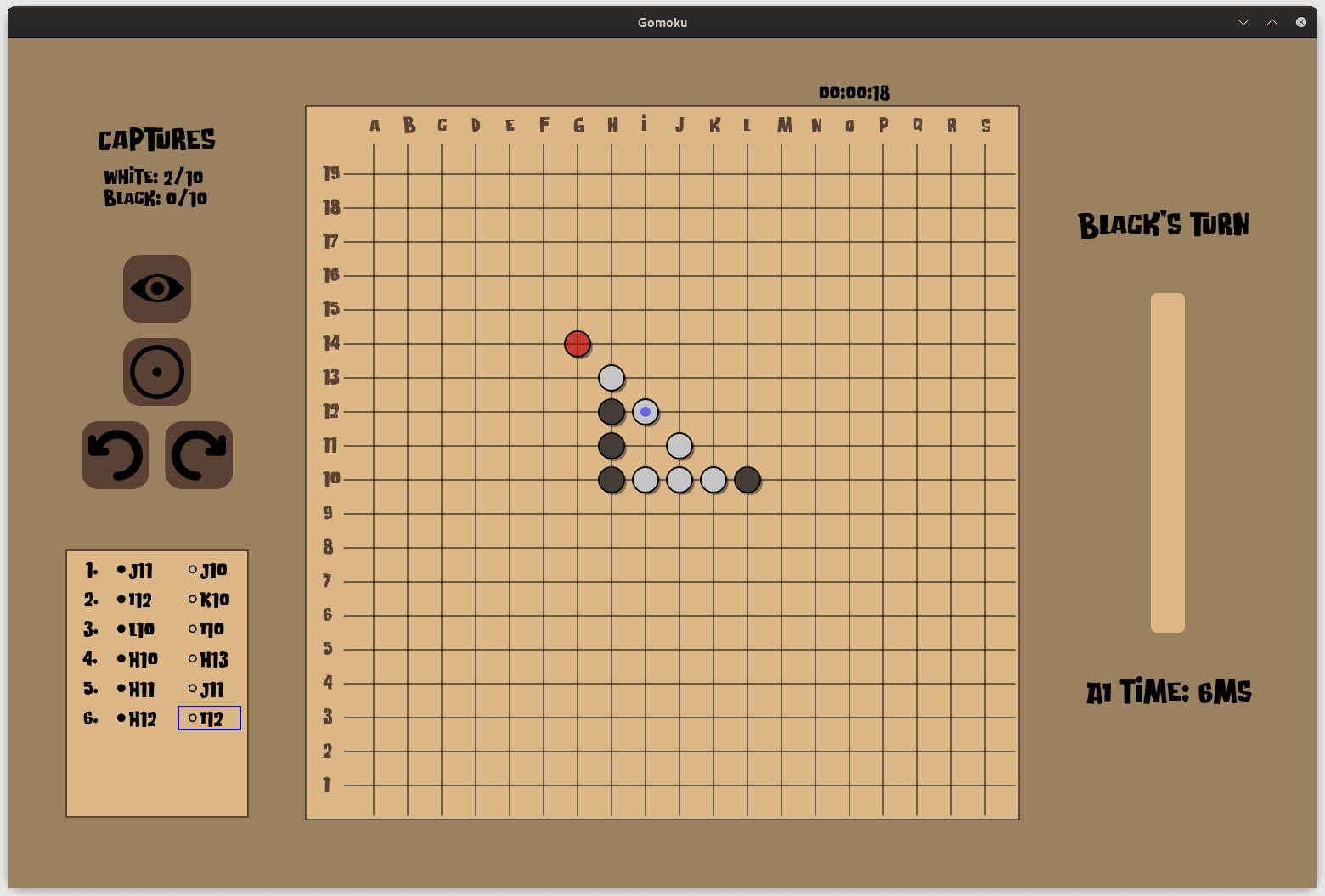 A mid-game Gomoku board with complex patterns