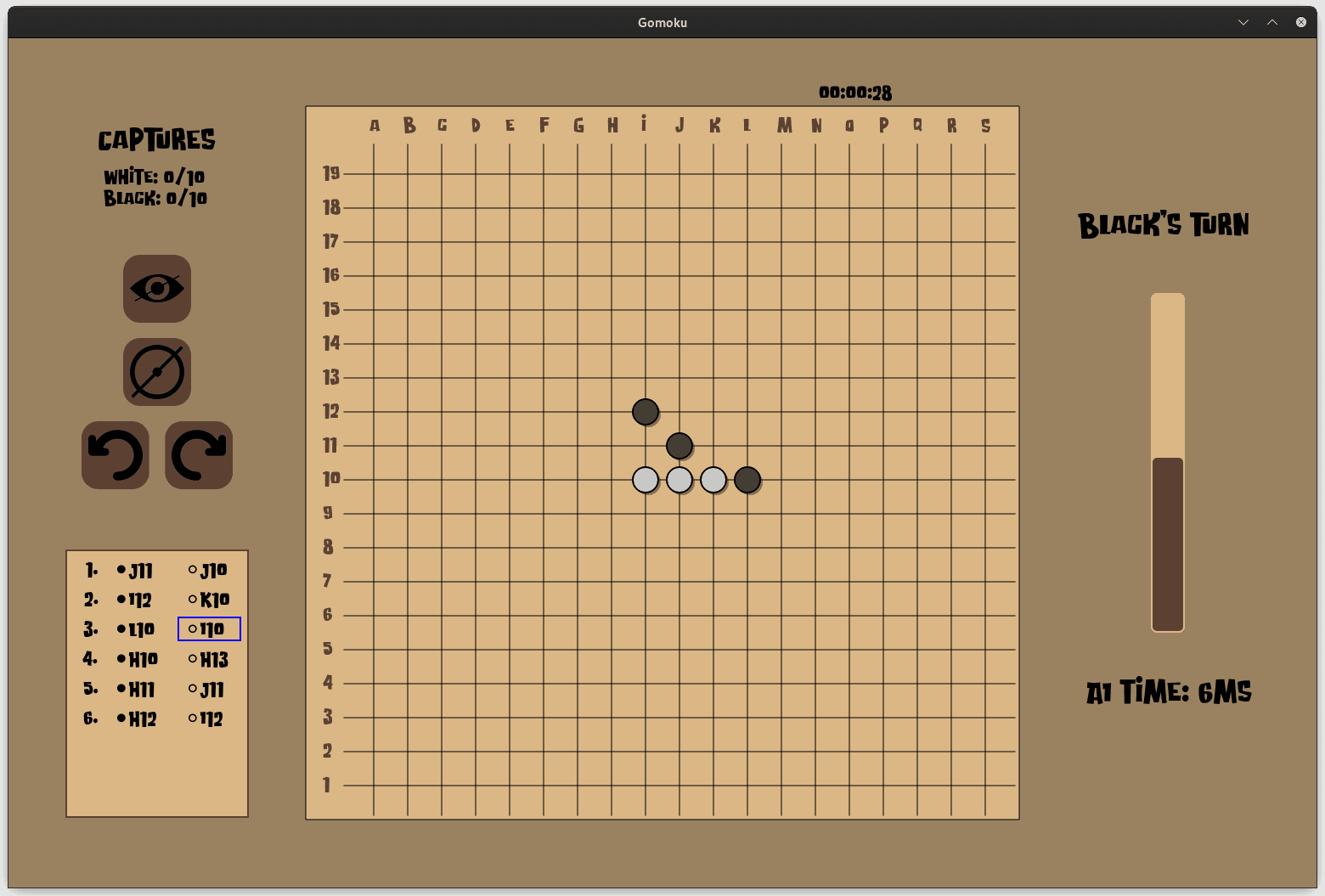 A late-game Gomoku board close to victory
