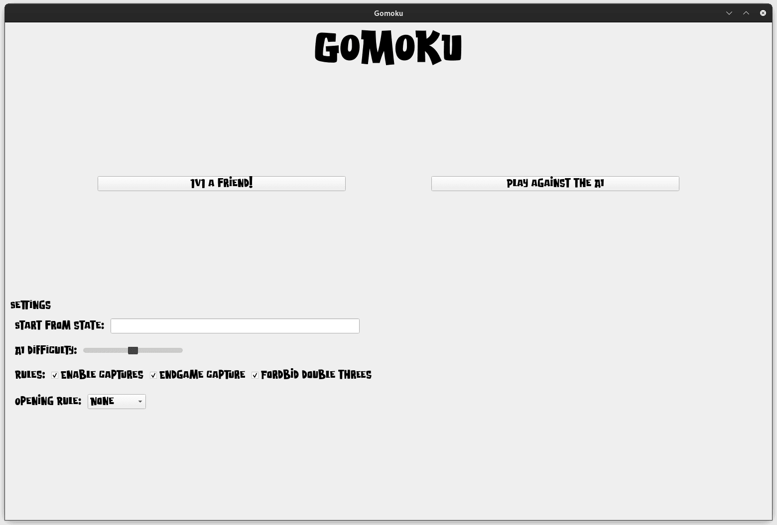 The main menu of the Gomoku application